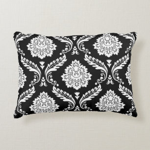 Rococo Damask Big Pattern White on Black Decorative Cushion