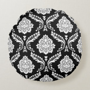 Rococo Damask Big Pattern White on Black Round Cushion