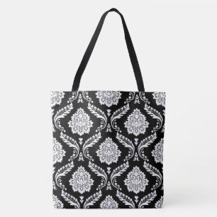 Rococo Damask Big Pattern White on Black Tote Bag