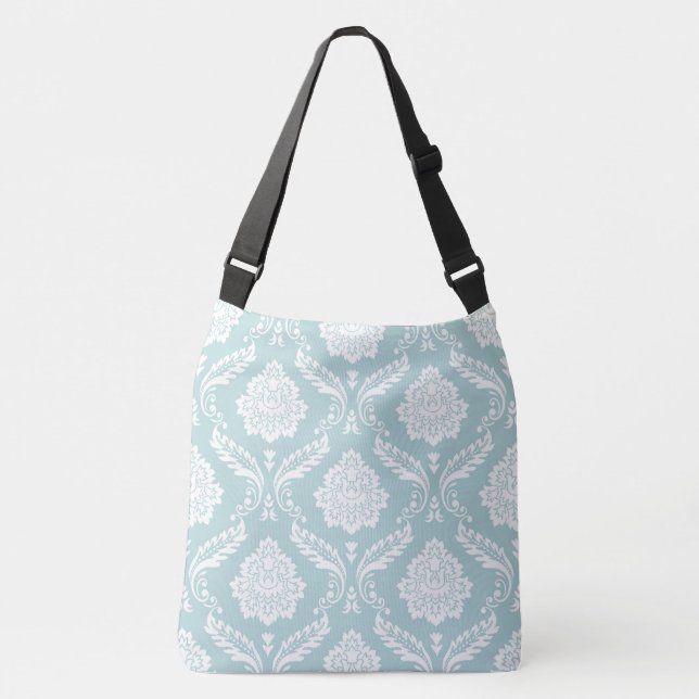 Rococo Damask Big Pattern White on Duck Egg Blue Crossbody Bag (Front)