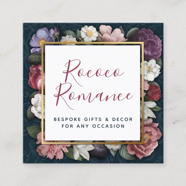 Rococo Damask & Elegant Floral Social Media Icons Square Business Card (Front)