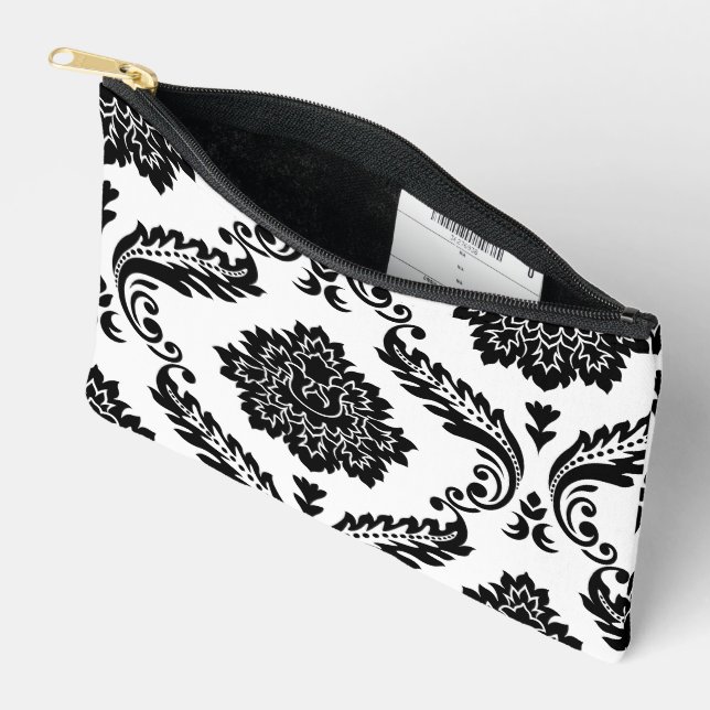 Rococo Damask Lg Off-Set Pattern Black on White Accessory Pouch (Open)