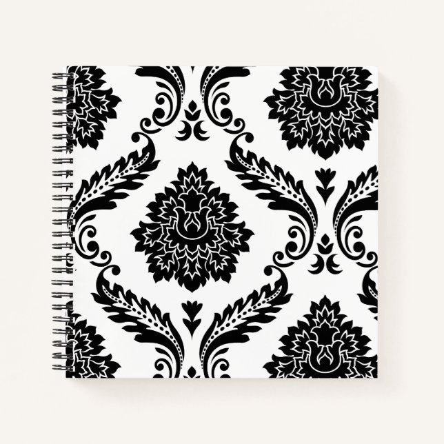 Rococo Damask Lg Off-Set Pattern Black on White Notebook (Front)