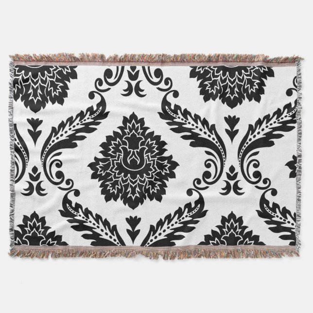 Rococo Damask Lg Off-Set Pattern Black on White Throw Blanket (Front)