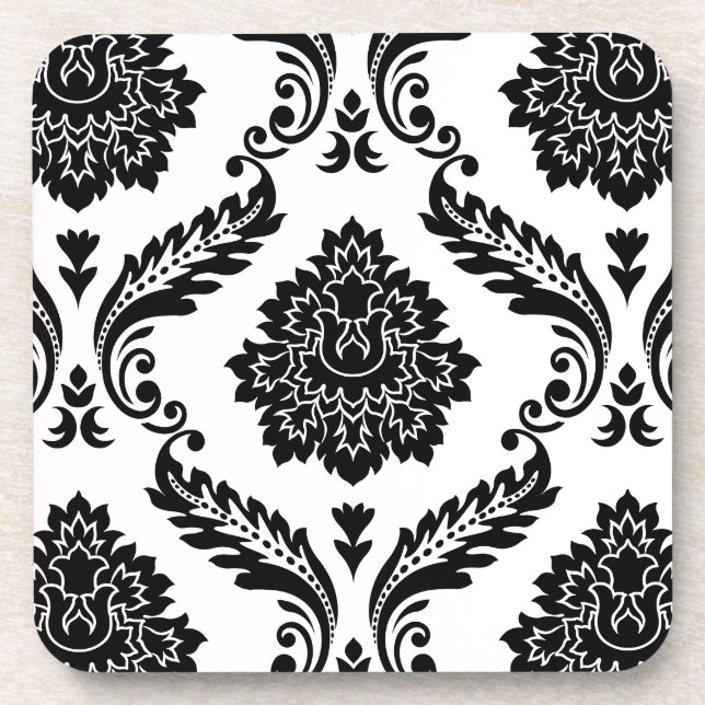 Rococo Damask Lg Pattern Black on White Coaster (Front)