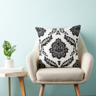 Rococo Damask Lg Pattern Black on White Cushion