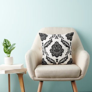 Rococo Damask Lg Pattern Black on White Cushion