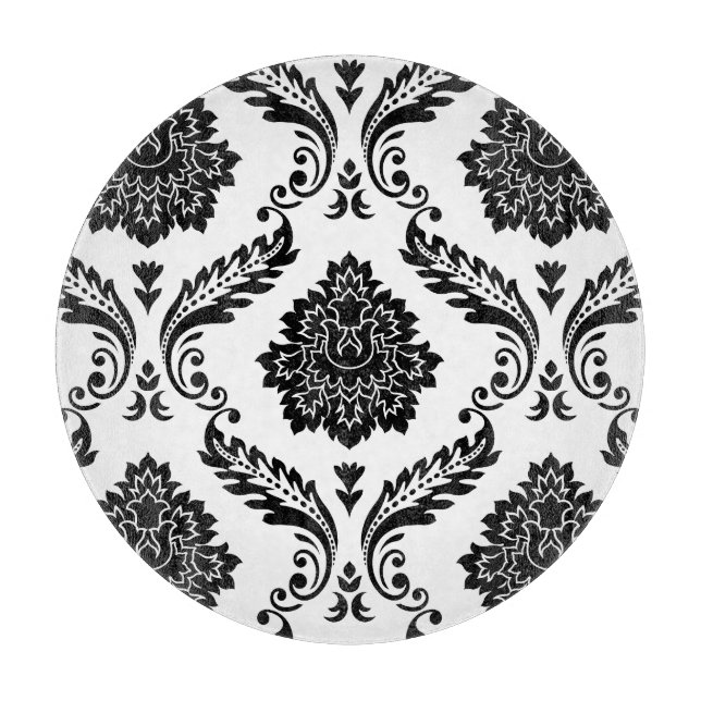 Rococo Damask Lg Pattern Black on White Cutting Board (Front)