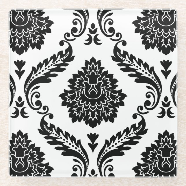 Rococo Damask Lg Pattern Black on White Glass Coaster (Front)