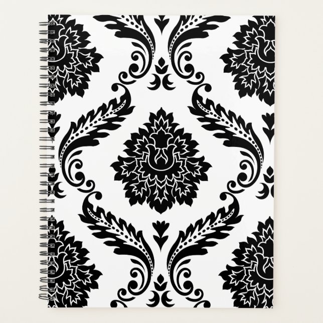 Rococo Damask Lg Pattern Black on White Planner (Front)