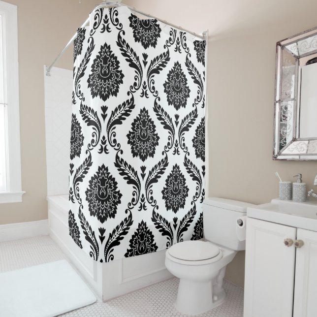 Rococo Damask Lg Pattern Black on White Shower Curtain (In Situ)