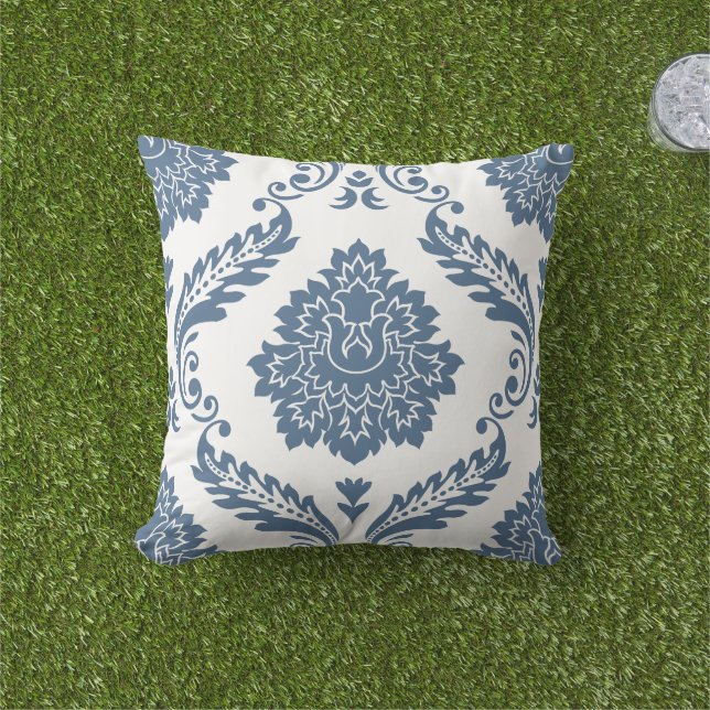Rococo Damask Lg Pattern Blue on White Cushion (Grass)