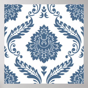 Rococo Damask Lg Pattern Blue on White Poster
