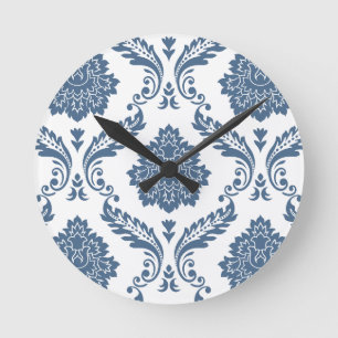 Rococo Damask Lg Pattern Blue on White Round Clock