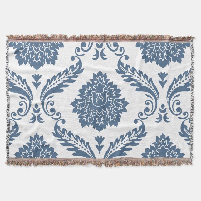 Rococo Damask Lg Pattern Blue on White Throw Blanket (Front)