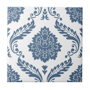 Rococo Damask Lg Pattern Blue on White Tile