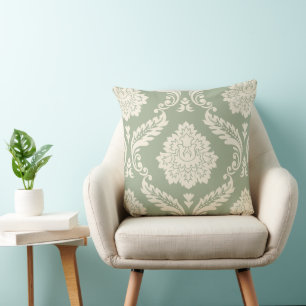 Rococo Damask Lg Pattern Cream on Green Cushion