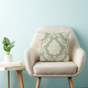 Rococo Damask Lg Pattern Cream on Green Cushion