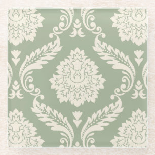 Rococo Damask Lg Pattern Cream on Green Glass Coaster