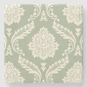 Rococo Damask Lg Pattern Cream on Green Stone Coaster