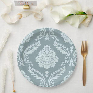 Rococo Damask Lg Pattern Duck Egg Blue+Teal Paper Plate