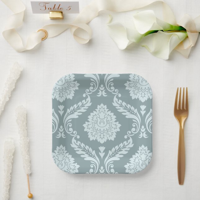 Rococo Damask Lg Pattern Duck Egg Blue+Teal Paper Plate (Wedding)