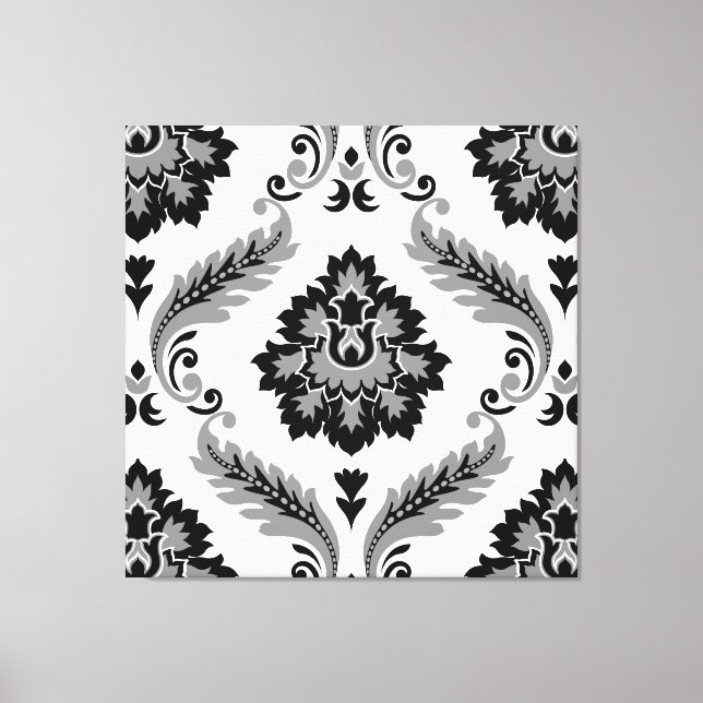 Rococo Damask Lg Pattern Grey Black White Canvas Print (Front)