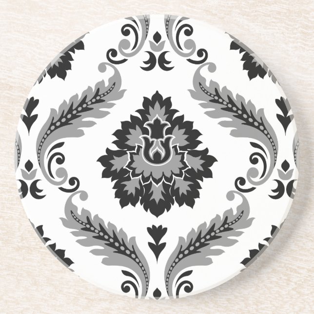 Rococo Damask Lg Pattern Grey Black White Coaster (Front)