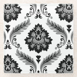 Rococo Damask Lg Pattern Grey Black White Glass Coaster