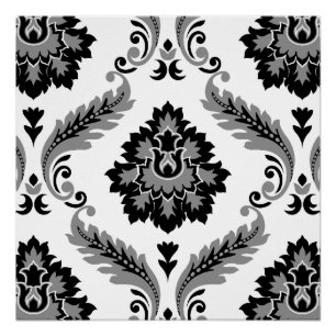 Rococo Damask Lg Pattern Grey Black White Poster