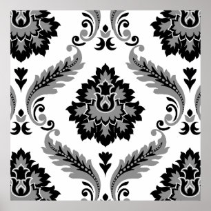 Rococo Damask Lg Pattern Grey Black White Poster