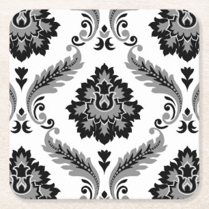 Rococo Damask Lg Pattern Grey Black White Square Paper Coaster