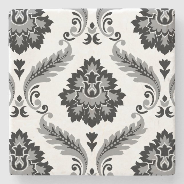 Rococo Damask Lg Pattern Grey Black White Stone Coaster (Front)