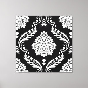 Rococo Damask Lg Pattern White on Black Canvas Print