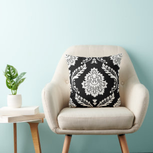 Rococo Damask Lg Pattern White on Black Cushion