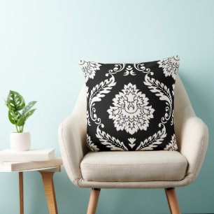 Rococo Damask Lg Pattern White on Black Cushion