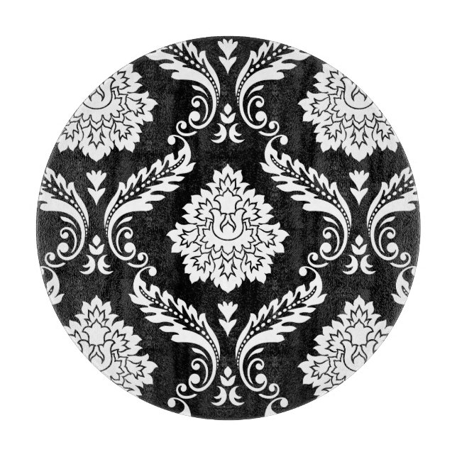 Rococo Damask Lg Pattern White on Black Cutting Board (Front)