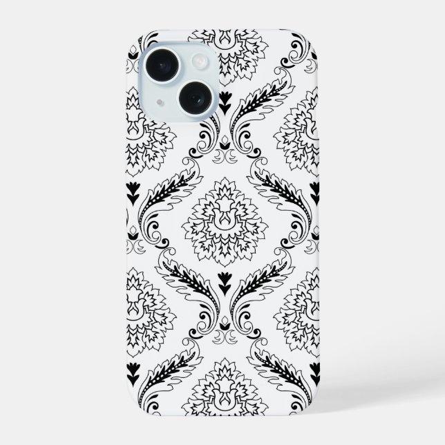 Rococo Damask Line Pattern Black on White iPhone 15 Case (Back)