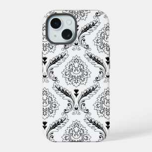 Rococo Damask Line Pattern Black on White iPhone 15 Case