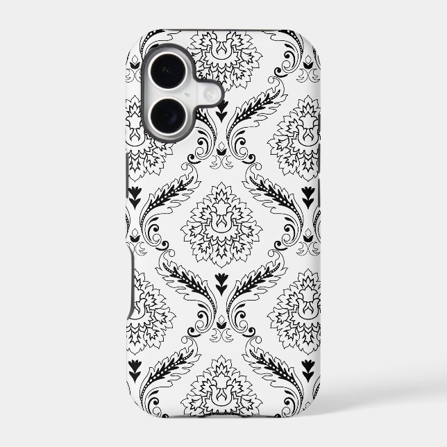 Rococo Damask Line Pattern Black on White iPhone C (Back)