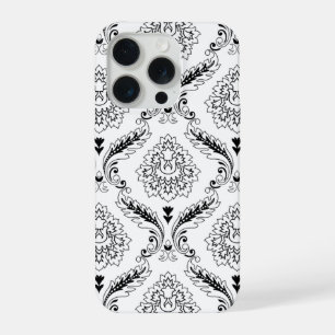 Rococo Damask Line Pattern Black on White iPhone 15 Pro Case