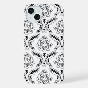 Rococo Damask Line Pattern Black on White iPhone 15 Plus Case