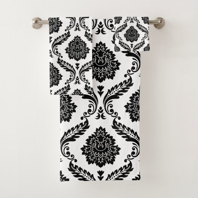 Rococo Damask Mixed Pattern Black on White Bath Towel Set (Insitu)
