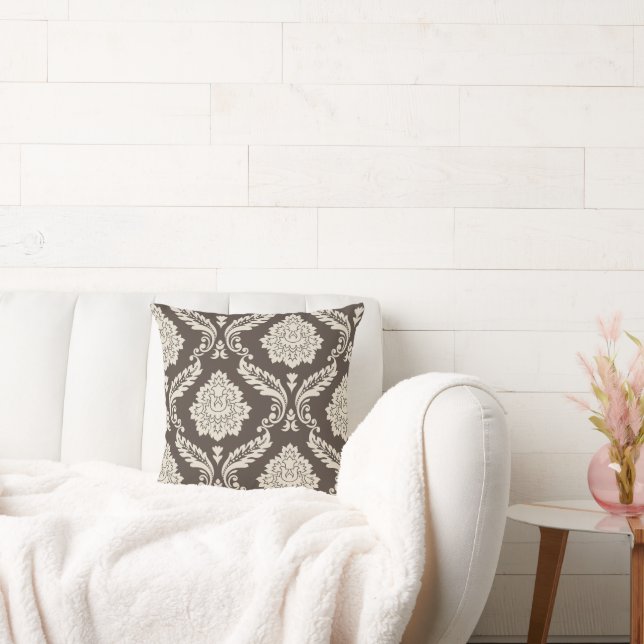Rococo Damask Off-Set 2Way Pattern Brown+Cream Cushion (Couch)