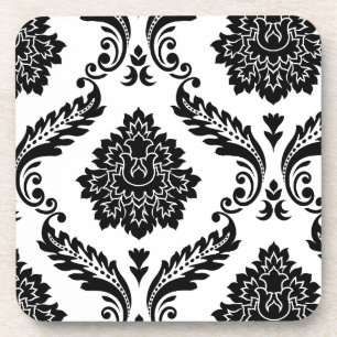 Rococo Damask Off-Set Pattern Black on White Coaster