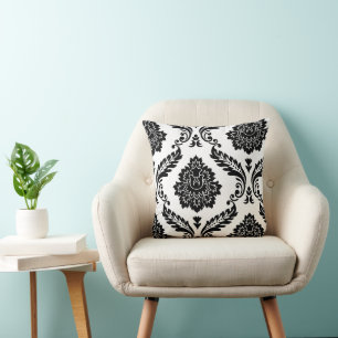 Rococo Damask Off-Set Pattern Black on White Cushion