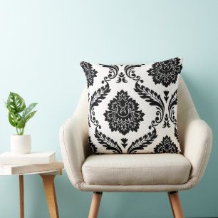 Rococo Damask Off-Set Pattern Black on White Cushion