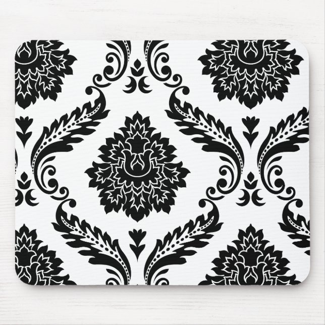 Rococo Damask Off-Set Pattern Black on White Mouse Pad (Front)