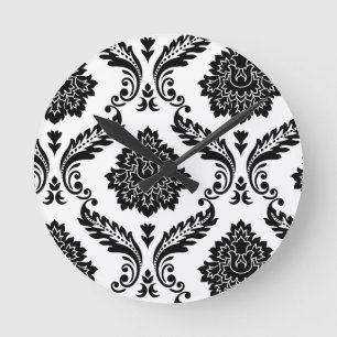 Rococo Damask Off-Set Pattern Black on White Round Clock