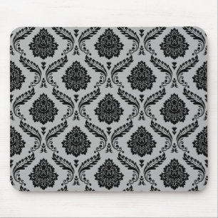 Rococo Damask Pattern Black on Gray Mouse Pad